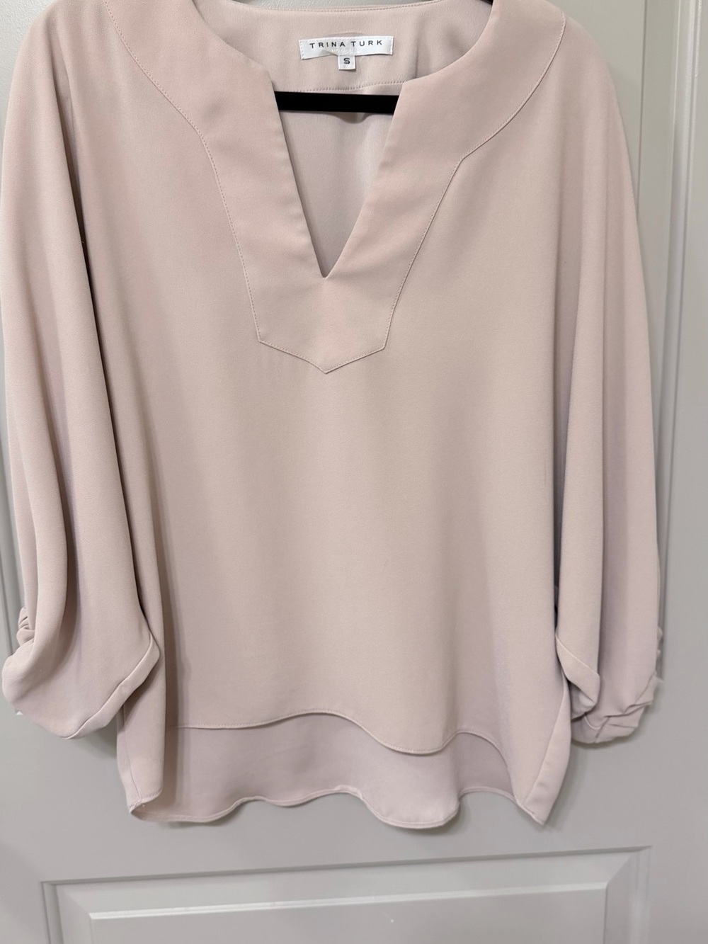 Trina Turk Soft Blush V-Notch Roll-Tab Blouse